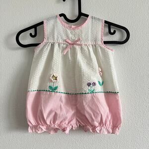 Vintage Baby Girl Seersucker Pink Check Bubble Romper Floral Embroidery 0-3 Mo